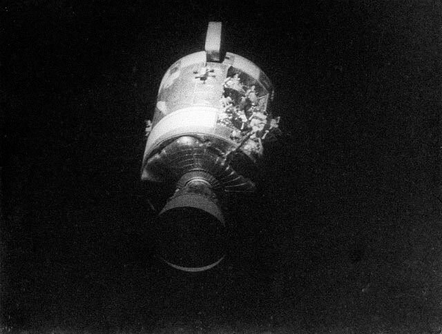 View of the severely damaged Apollo 13 Service Module