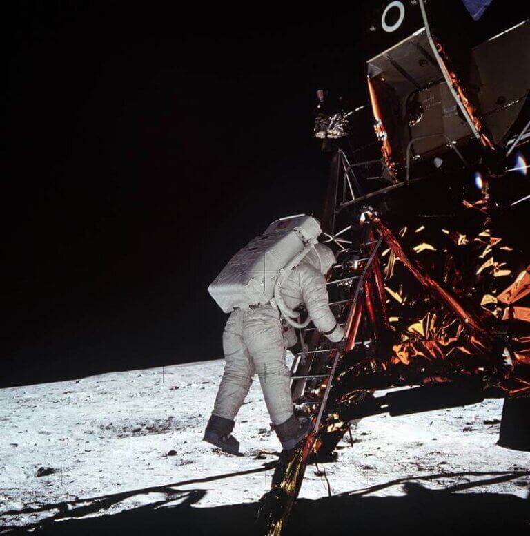 Astronaut Edwin Aldrin steps onto the moon